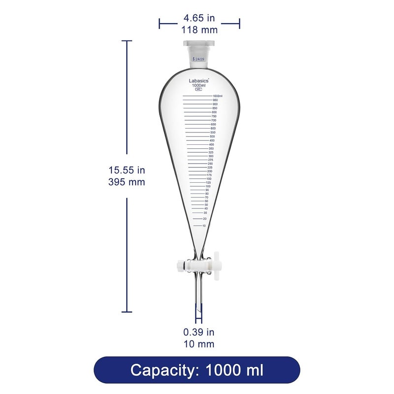 Labasics Graduated Separatory Funnel, 1000 ml Heavy Wall Borosilicate Glass Separating Funnel with 24/29 Joint and PTFE Stopcock - Image 4